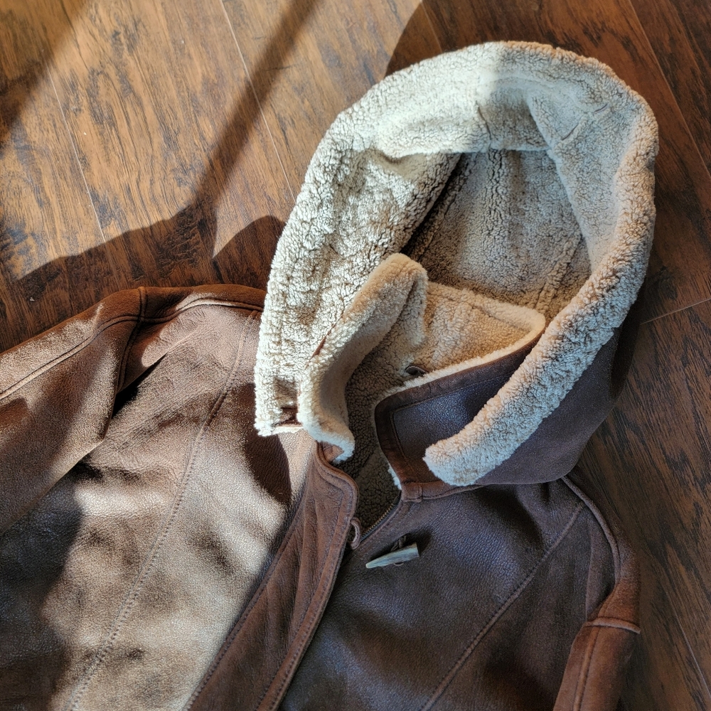 vintage brown shearling wool heavy car coat duffle toggle hooded oversized 90s - Picture 2 of 8